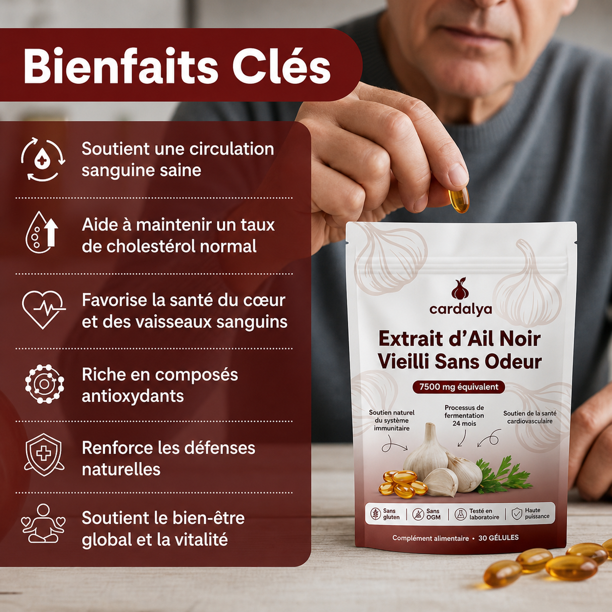 Extrait d'Ail Pur Fermenté 24 Mois — 7 500 mg · Sans Odeur