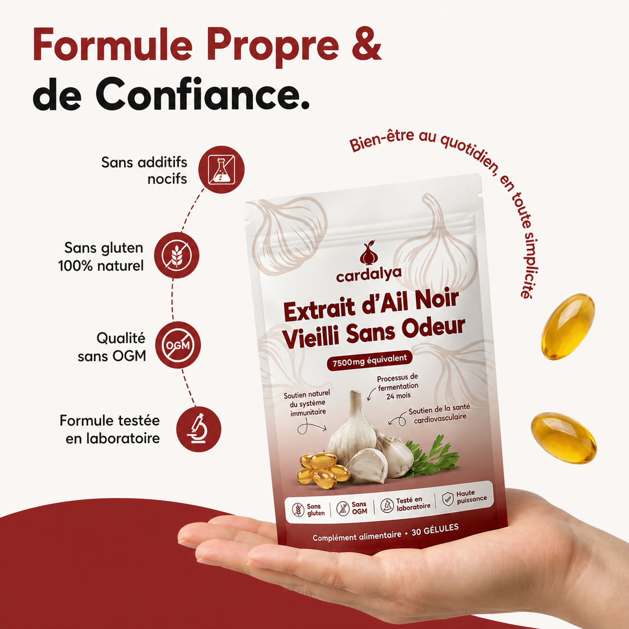 Extrait d'Ail Pur Fermenté 24 Mois — 7 500 mg · Sans Odeur